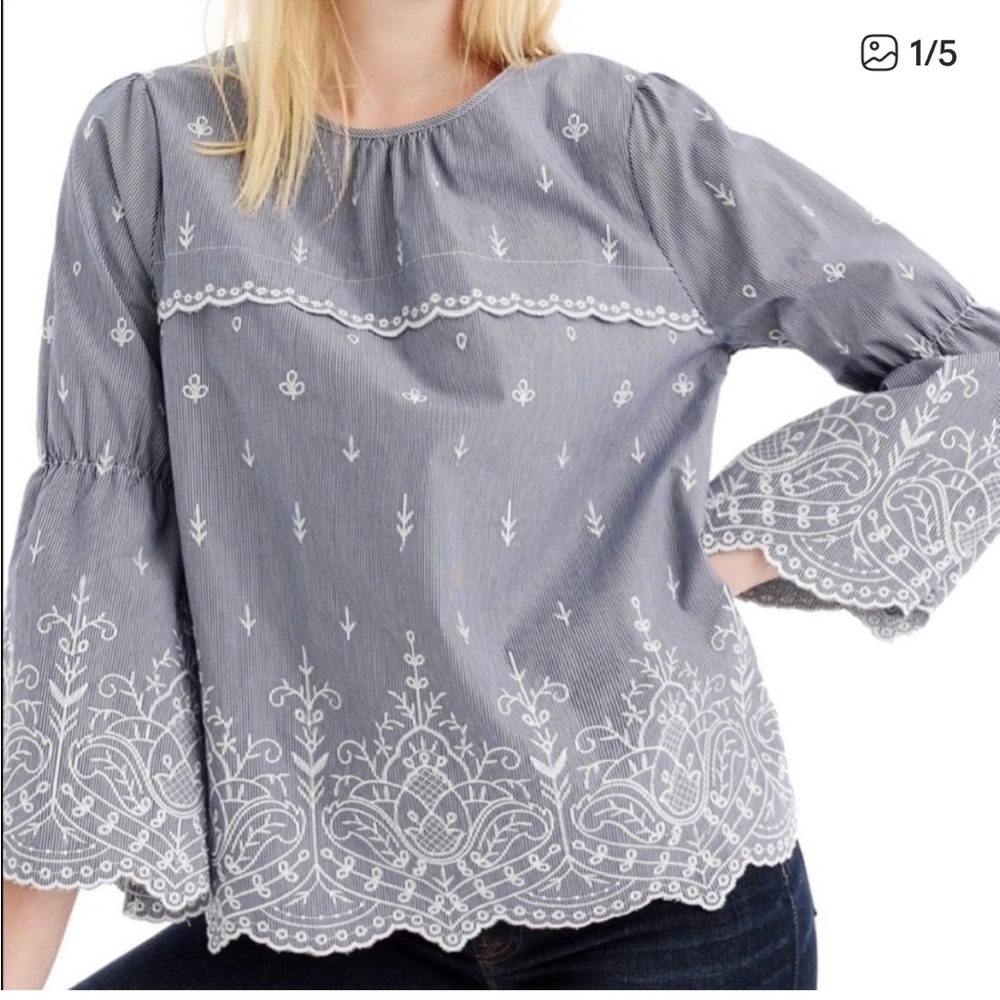 J. Crew Embroidered Stripe Poplin Bell Sleeve Top